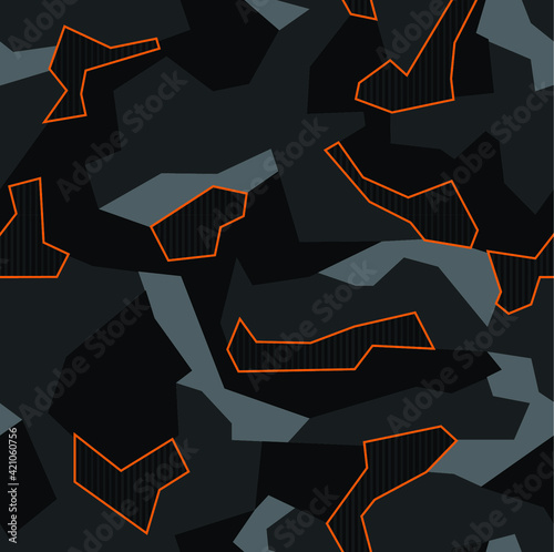 Urban night camouflage seamless pattern with polygonal shapes and orange outlines. 