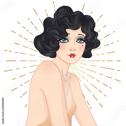 Art Deco vintage invitation template design with illustration of flapper girl. Retro party character in 1920 s style. Vector for glamour event, thematic wedding or jazz party.