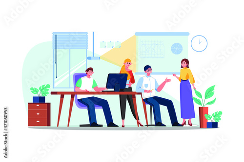 Diverse businesspeople analyzing consulting discussing project results in charts and graphs in office