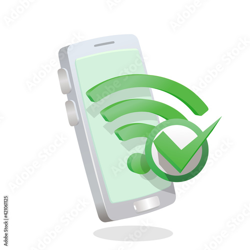 wifi symbol and check mark in front of smartphone 3D - three dimensional for connected to a wifi connection concept vector illustration.