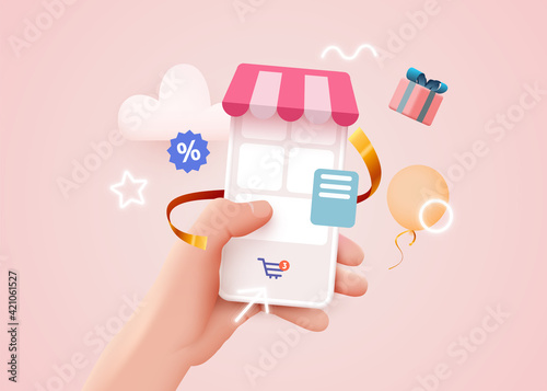 Hand holding mobile smart phone with shopp app. Online shopping concept.