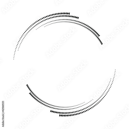 Black abstract tiny arrowhead in circle form. Halftone dots. Trendy design element for border frame, logo,  tattoo, symbol, web, prints, posters, template, pattern and abstract background