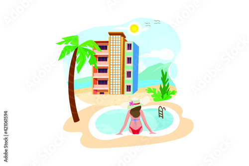 Woman enjoying vacation holidays at luxurious beachfront hotel resort with swimming pool and tropical landscape near the beach.