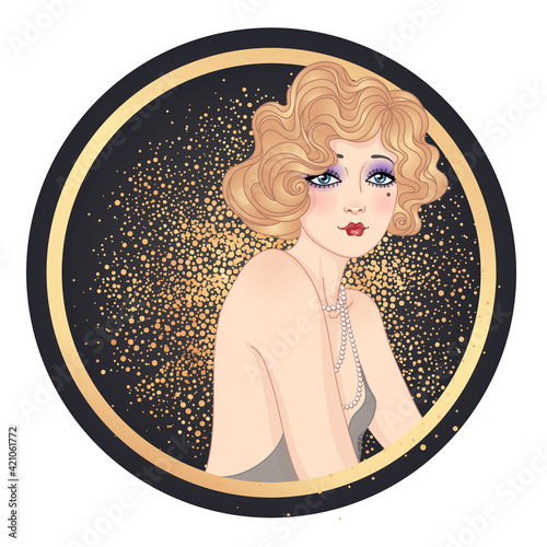 Art Deco vintage invitation template design with illustration of flapper girl. Retro party character in 1920 s style. Vector for glamour event, thematic wedding or jazz party.