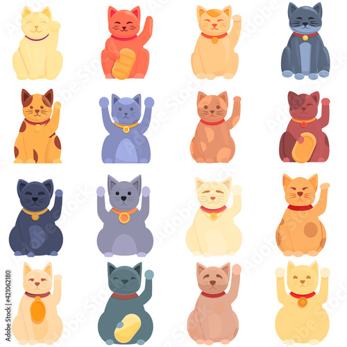 Fototapeta Naklejka Na Ścianę i Meble -  Lucky cat icons set. Cartoon set of lucky cat vector icons for web design