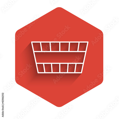 White line Sauna bucket icon isolated with long shadow. Red hexagon button. Vector