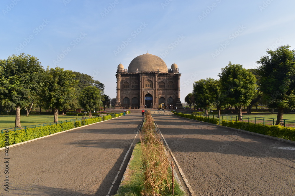 Front view of Gol Gumbaz which is the mausoleum of king Mohammed Adil Shah, Sultan of Bijapur.The tomb, located in Bijapur (Vijayapura), Karnataka in India.