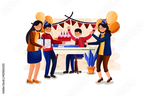 Birthday party in the office illustration. Male happy employee in celebration and giving gifts by friends, coworkers assemble for interaction and entertainment at workplace.