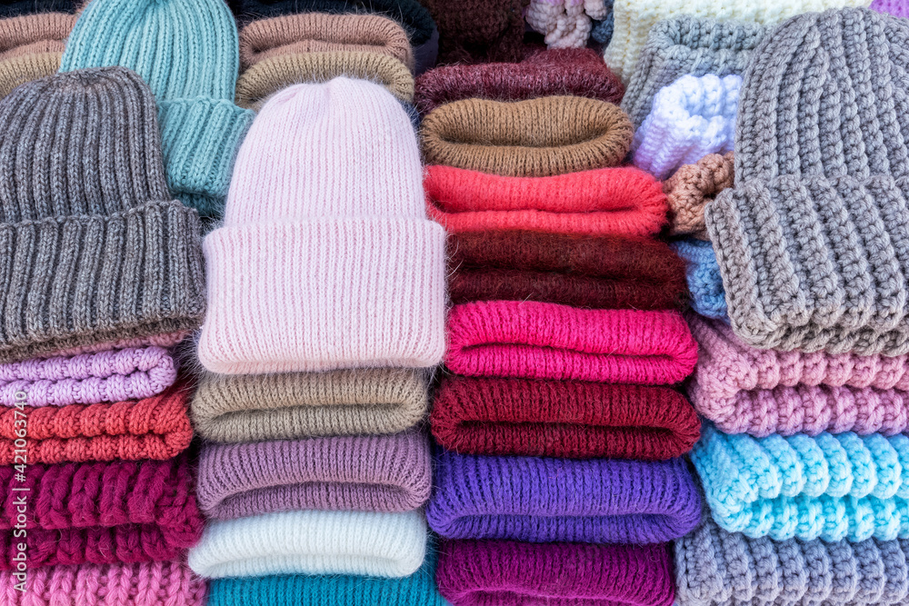 handmade knitted wool hats are sold at the street market handmade knitted wool hats are sold at the street market