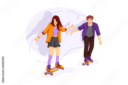 School girl and boy skate boarding at street