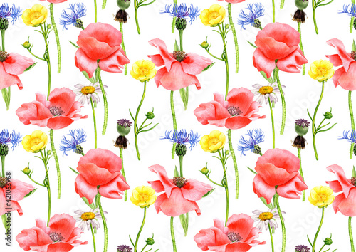 seamless pattern with watercolor drawing red poppy flowers