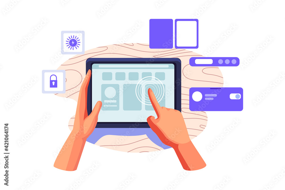 Hands of young man holding tablet with smart remote control system Hands of young man holding tablet with smart remote control system
