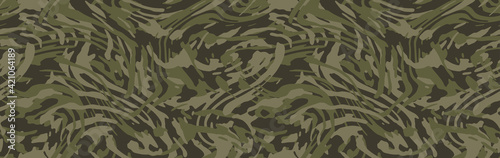 Khaki green camouflage seamless pattern. Camo background, curved wavy stripped.  Military print for design, wallpaper, textile. Vector illustration 