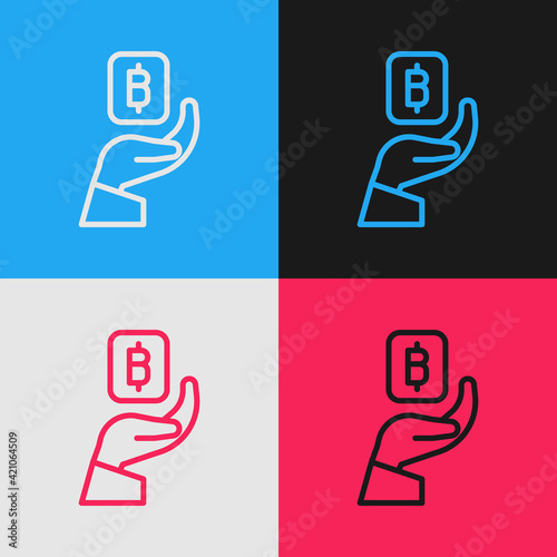 Pop art line Hand holding Bitcoin icon isolated on color background. Blockchain technology, digital money market, cryptocoin wallet. Vector