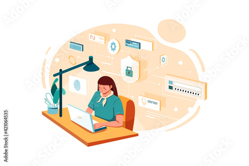 Female employee working on data security Illustration © freeslab