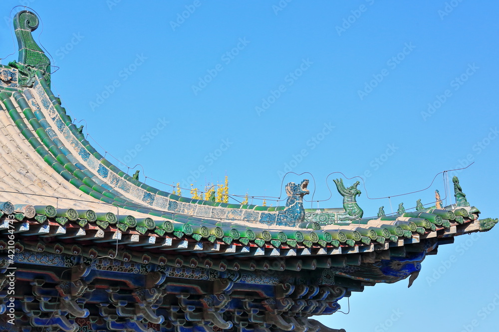 Green glazed tiles-ridge beasts-NE.roof corner-Buddhist Sutras Hall-DafoSi-Great Buddha Temple. Zhangye-Gansu-China-1266 Green glazed tiles-ridge beasts-NE.roof corner-Buddhist Sutras Hall-DafoSi-Great Buddha Temple. Zhangye-Gansu-China-1266