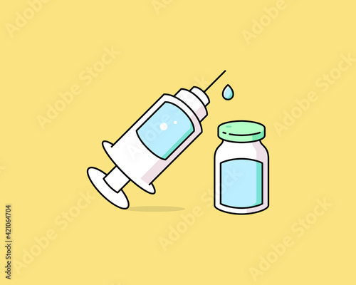 Coronavirus vaccine vector Covid-19 corona virus vaccination with vaccine bottle and syringe injection tool for covid19 immunization treatment. Vector illustration