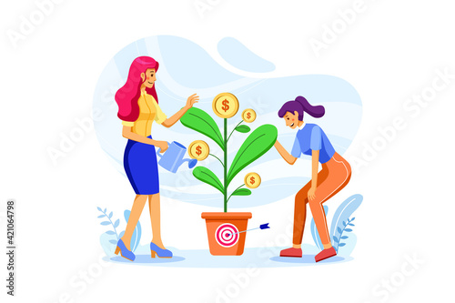 Women standing on pile of coin watering money plant