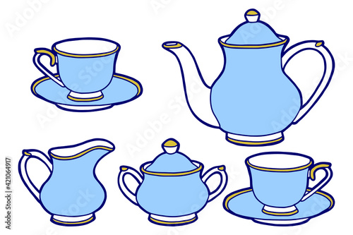 Hand drawing tea set. Teapot, milk jug, sugar bowl, cups and saucers. Blue design. 