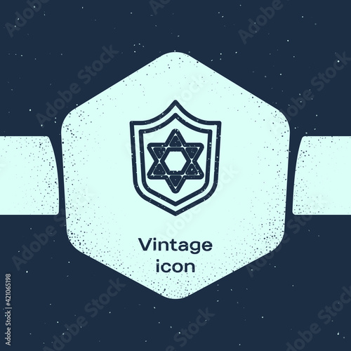 Grunge line Shield with Star of David icon isolated on blue background. Jewish religion symbol. Symbol of Israel. Monochrome vintage drawing. Vector
