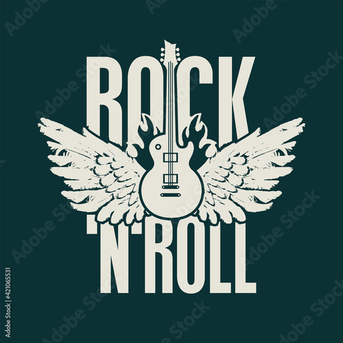 Rock 'n' roll - vector banner, emblem, label, logo, design element. Creative lettering with electric guitar and wings on fire on a dark background. Cool print for t-shirt, tattoo or graffiti