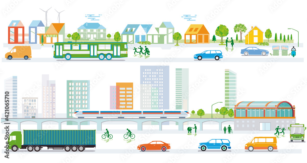 Stadtsilhouette mit Verkehr und Personen, Gemeinde, Stadtplan Illustration Stadtsilhouette mit Verkehr und Personen, Gemeinde, Stadtplan Illustration