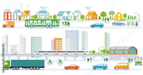Stadtsilhouette mit Verkehr und Personen, Gemeinde, Stadtplan Illustration