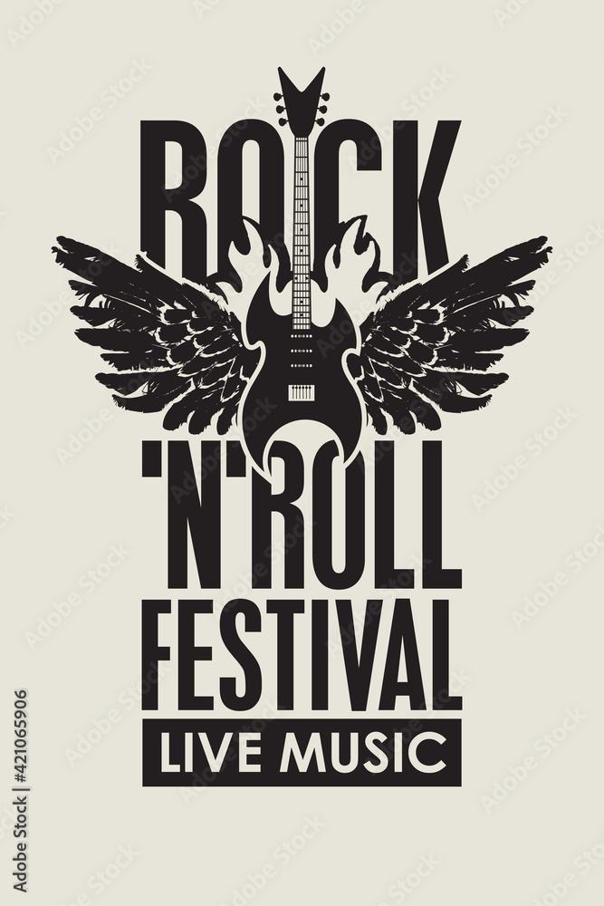 Vector poster or banner for a Rock 'n' roll festival of live music with an electric guitar and wings on fire. Cool print for t-shirt design or graffiti Vector poster or banner for a Rock 'n' roll festival of live music with an electric guitar and wings on fire. Cool print for t-shirt design or graffiti