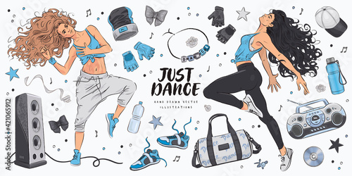 Hand drawn sketch dance studio set. Vector illustration of happy young dancing women