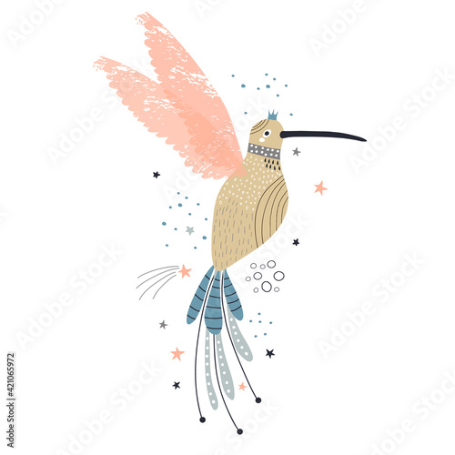 Creative hummingbird princess. Cartoon vector illustration in modern style.