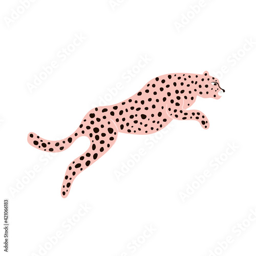 Hand drawn jumping leopard separated on white. Trendy Jungle print. Cartoon vector summer illustration