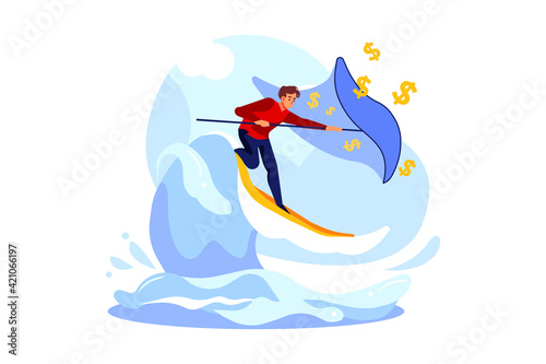 Businessman surfing and catching dollar