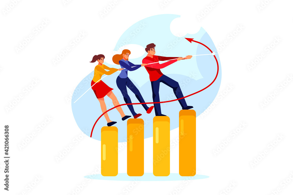 Business people pulling arrow on bar graph Business people pulling arrow on bar graph