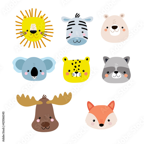 Fototapeta Naklejka Na Ścianę i Meble -  Set of cute cartoon animal faces. Lion, fox, bear, raccoon, moose, cheetach,zebra, koala heads. Ready.print for nursery,apparel,cards. Vector Illustration