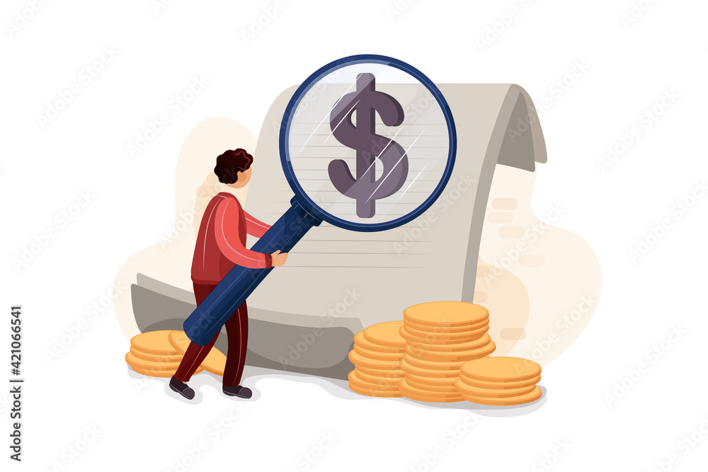 Businessman looking on dollar through magnifying glass Businessman looking on dollar through magnifying glass