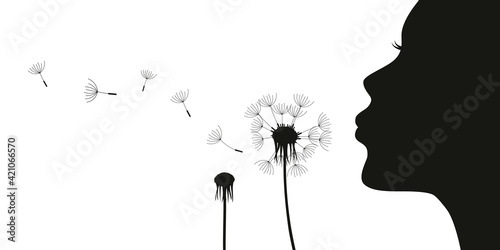 beautiful girl blows dandelion silhouette on white