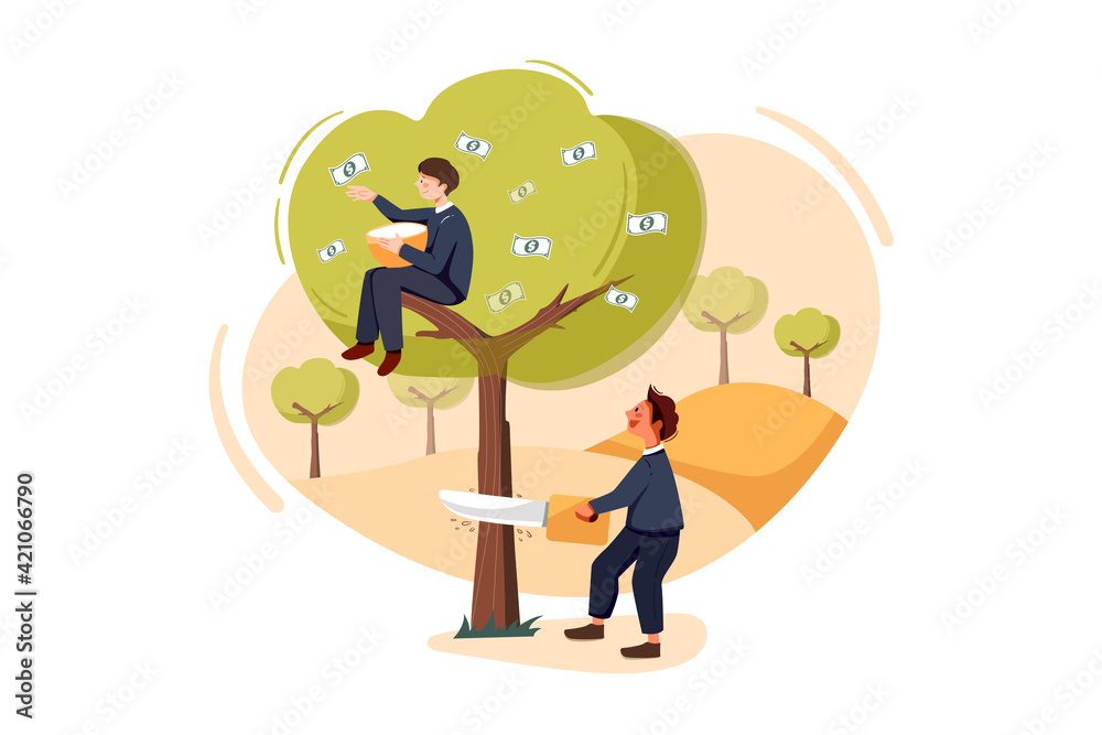Businessman cutting profit tree of competitor Businessman cutting profit tree of competitor