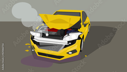 Accident picture of a passenger car. Bonnet was opened and the front was severely damaged. With smoke coming out from the front. There was oil spilling out below.