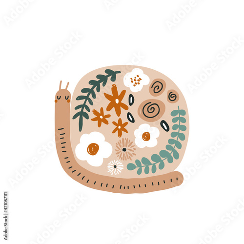 Cute floral snail print. Perfect for t-shirt, apparel, cards, poster, nursery decoration. Vector Illustration