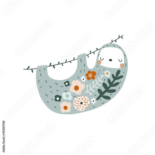 Cute floral sloth print. Perfect for t-shirt, apparel, cards, poster, nursery decoration. Vector Illustration