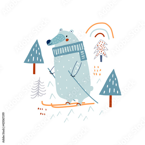 Cute hand drawn bear in forest skiing. Cartoon creative vector illustration in scandinavian style
