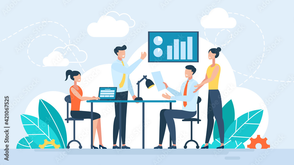Obraz premium Vector illustration, workers are sitting at the negotiating table, collective thinking and brainstorming, company information analytics - vector