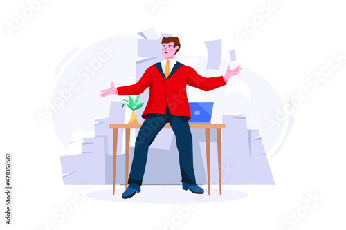 Paper avalanche for businessman. Male office worker overloaded with paperwork from computer, heap of business letters and online documents, busy clerk in routine, bureaucracy.