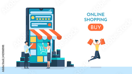 Buy online. Cartoon design. Shopping Online on Mobile phone Application Concept illustration and Digital marketing promotion. Smartphone with store cart icon on Horizontal view. Vector illustration