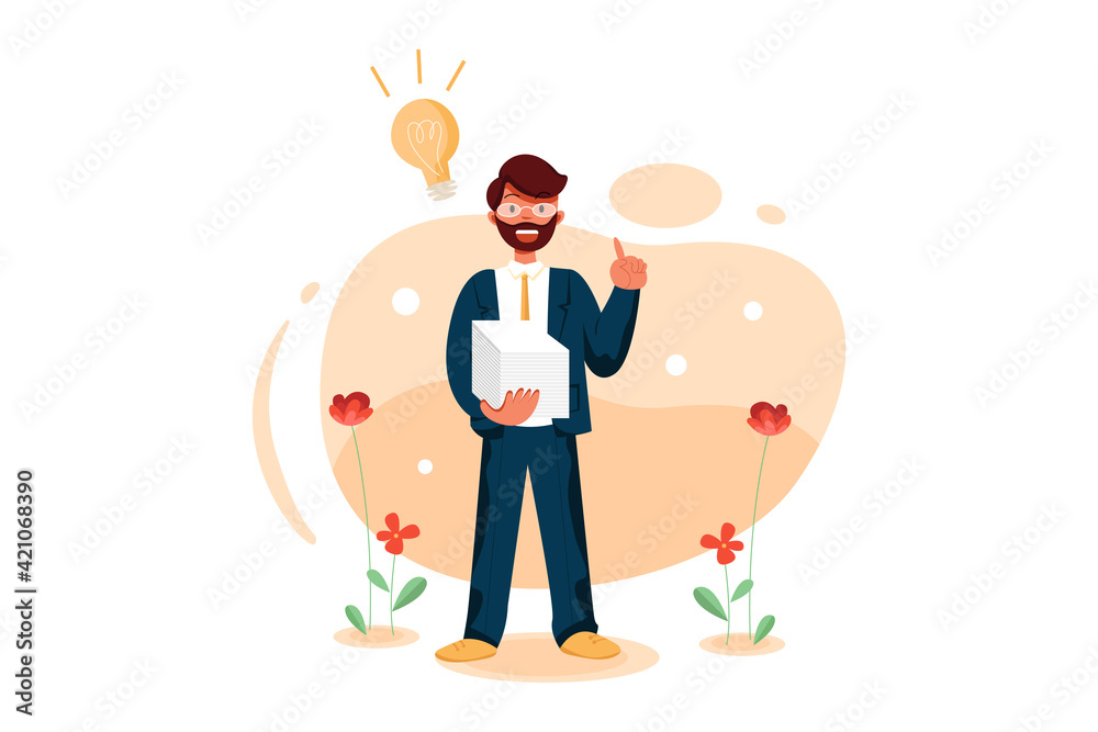 Obraz premium Man in glasses with beard and a raised finger and bulb