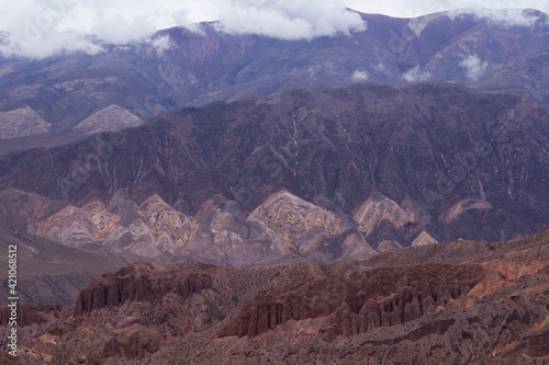 The steep canyon. View of majestica Humahuaca ravine. The cliffs  rock and sandstone formations  desert and precipice  high in the Andes mountains.