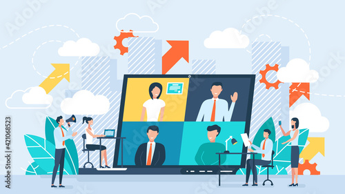 Online business conference, creative illustrations, businessmen, online joint meeting, team thinking and brainstorming, company information analytics illustration photo