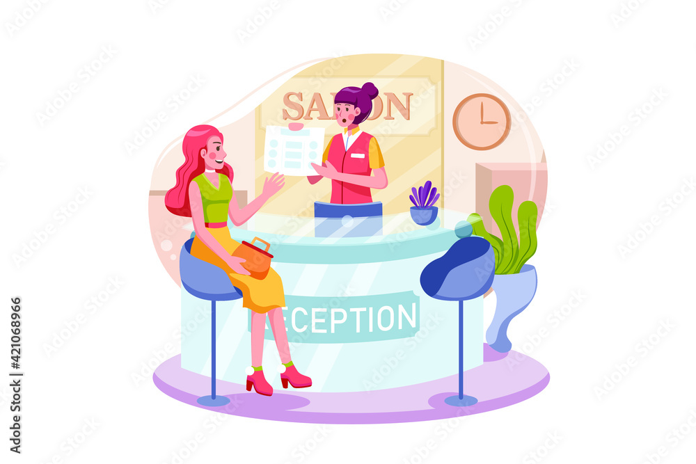 Beauty salon and spa reception. Beautiful female administrator standing at the counter.