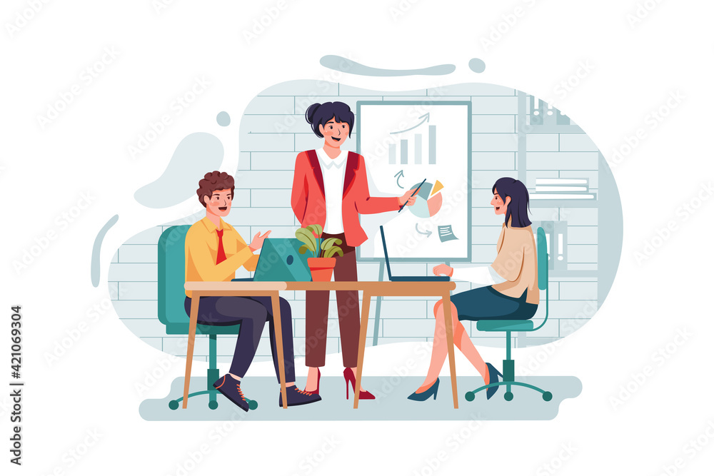 Young business woman giving presentation on future plans to her colleagues at office Young business woman giving presentation on future plans to her colleagues at office