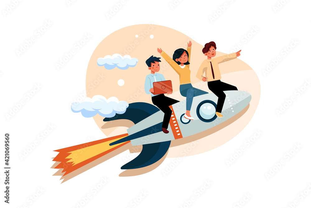 Business team go high to success on a rocket Business team go high to success on a rocket